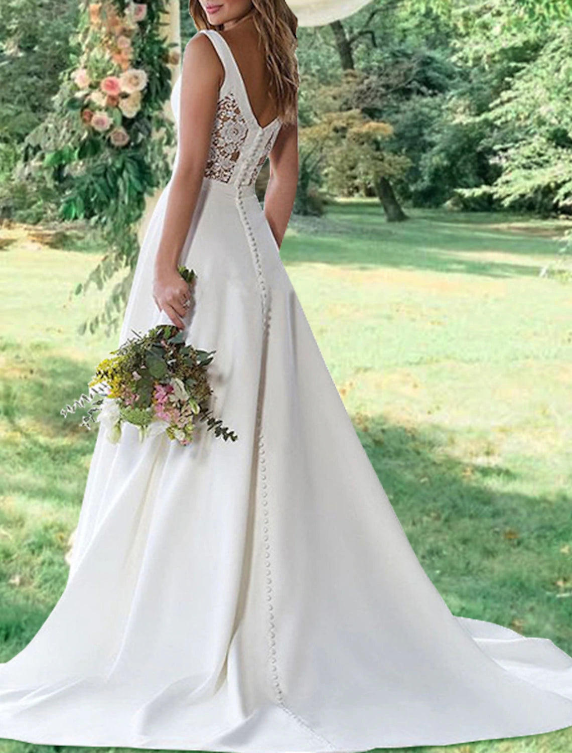 Wholesale Hall Open Back Simple Wedding Dresses A-Line V Neck Sleeveless Sweep / Brush Train Satin Bridal Gowns With Appliques
